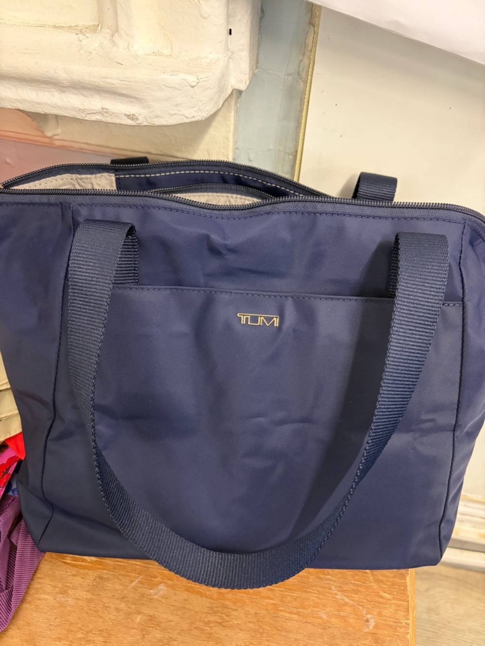 Tumi Navy Nylon Everyday Tote with Gold Logo
